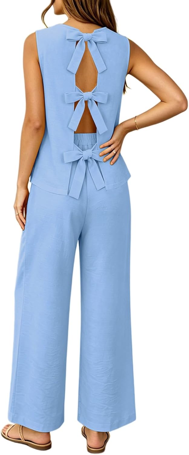 Linen 2 Piece Sets Women Cruise Travel Airport Beach Set Sleeveless Bow Backless Tank Top Wide Leg Pant Outfits