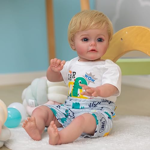 Miniatura 7 de Muñecas de bebé Reborn realistas de 24 pulgadas con aspecto real de silicona realista con ojos azules, cabello rubio, cuerpo suave, muñeca pesada,