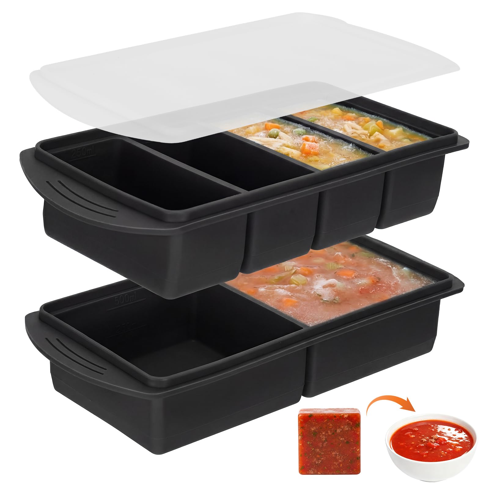 Silikon Gefrierform mit Deckel Set (2er + 4er Fach) – Gefrierbehälter & Portionierer mit Skala 125–500 ml für Suppe, Soßen & Meal Prep, BPA-frei, Stapelbar, Auslaufsicher (Schwarz)