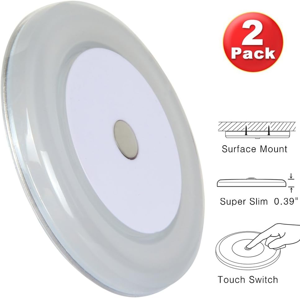 Obeaming RV Boat Ceiling Light 12 Volt LED Puck Light Ultra Thin Inbuilt Touch Dimmable Switch for Travel Trailer Sailboat Interior Lighting Surface Mount 3" 4W Warm White(Pack of 2)
