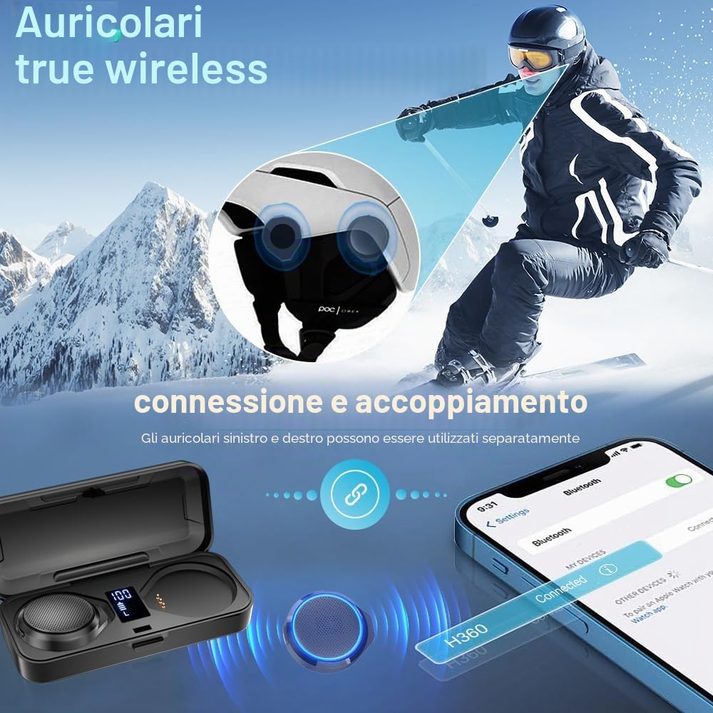 OBEST Cuffie Bluetooth moto con custodia di ricarica, altoparlante Bluetooth casco, con microfoni, batteria 1900 mAh con 50 ore di funzionamento, cuffie wireless per sci e motociclismo