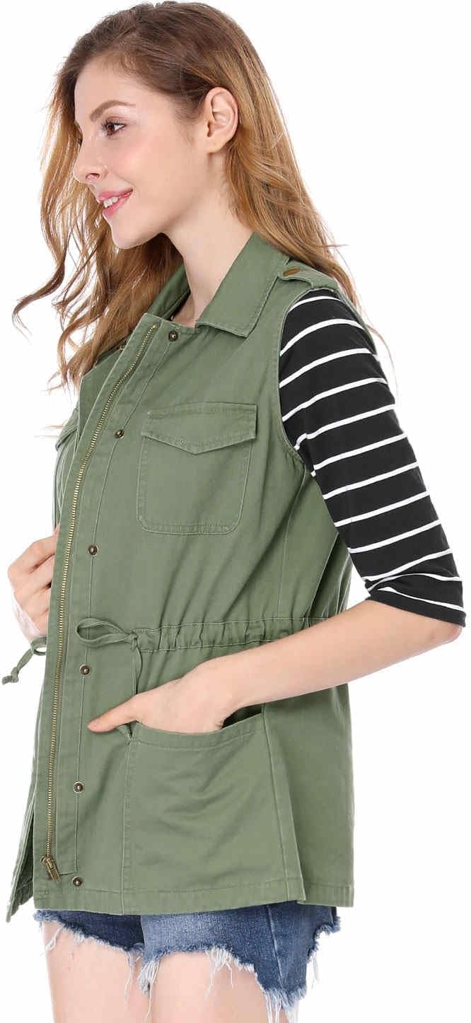 Allegra K Women's Zip Up Sleeveless Jacket Utility Anorak Outwear Cargo Vest