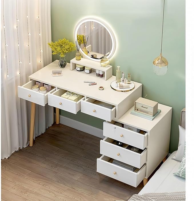 Reviews de Tocadores disponible en línea. 47 Tocador Vanity con Espejo Iluminado Luz LED Mueble para Maquillaje Minimalista Niña Escritorio con 6 Cajones y Estantes De Almacenaje para Recamara 134x40x122CM (Blanco)