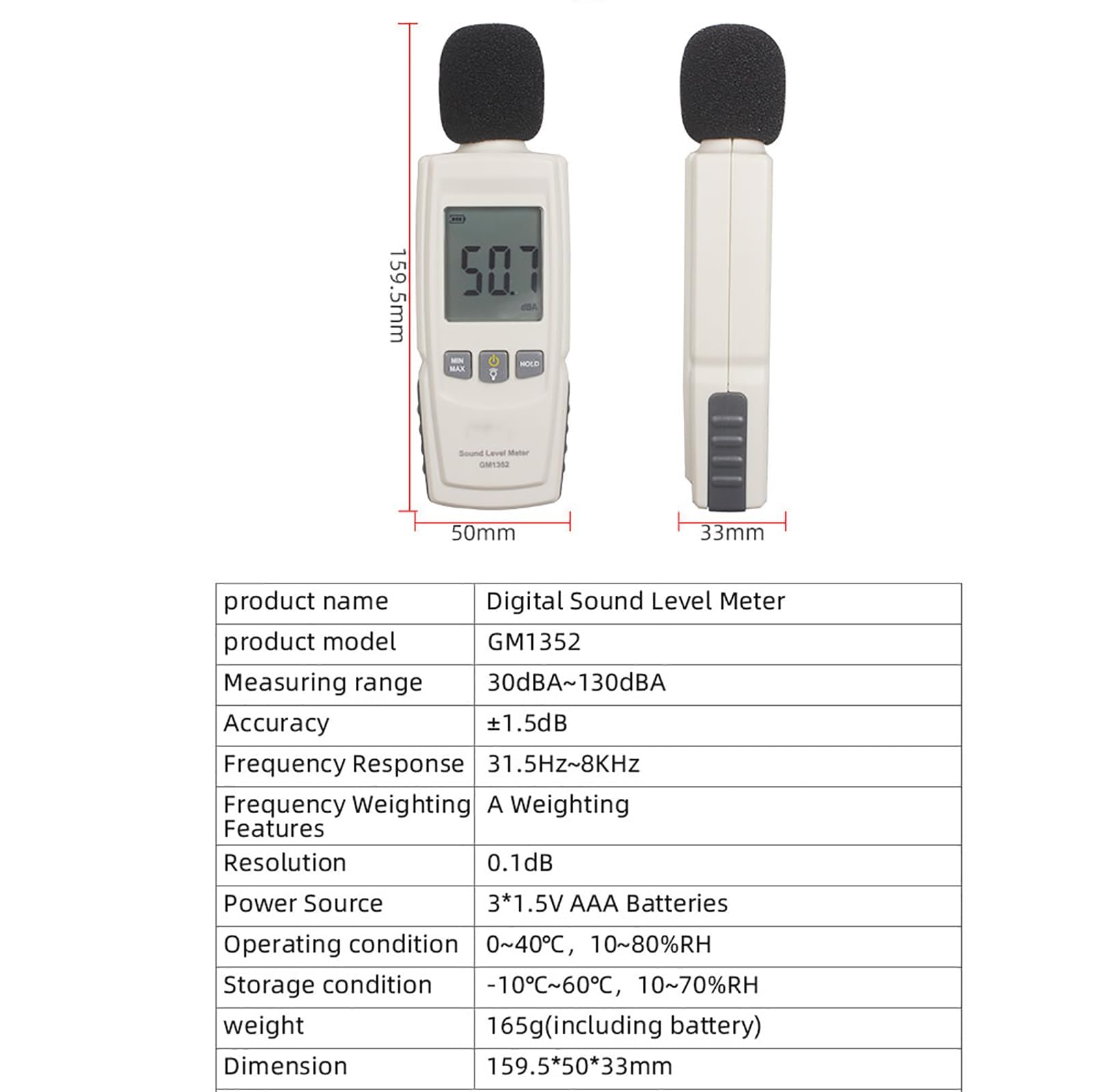 Precyzyjny miernik decybeli, miernik poziomu hałasu z funkcją podświetlenia LCD, funkcja zatrzymywania danych i alarmu, zakres pomiarowy 30-130 dB, dla rodziny ruchu w biurze fabrycznym