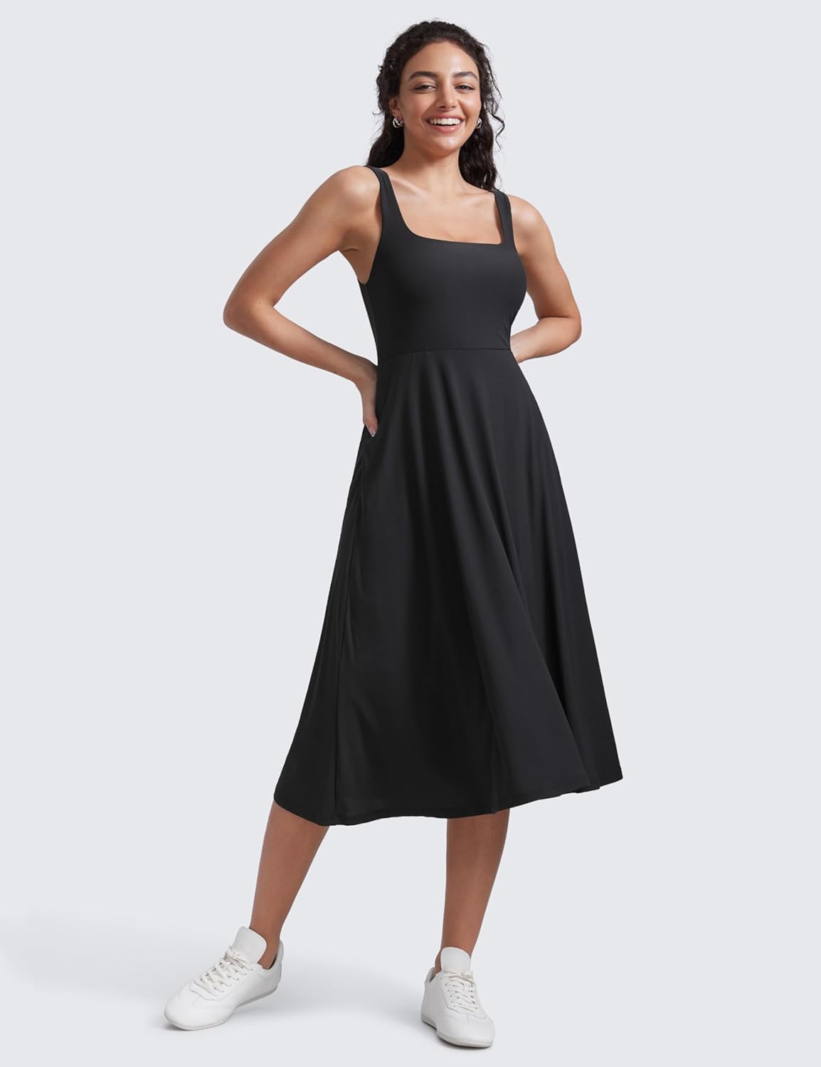 CRZ YOGA Cloudweight Double Lined Square Neck Midi Dresses for Women Casual Summer Sleeveless Outfits with Side Pockets - Image 3