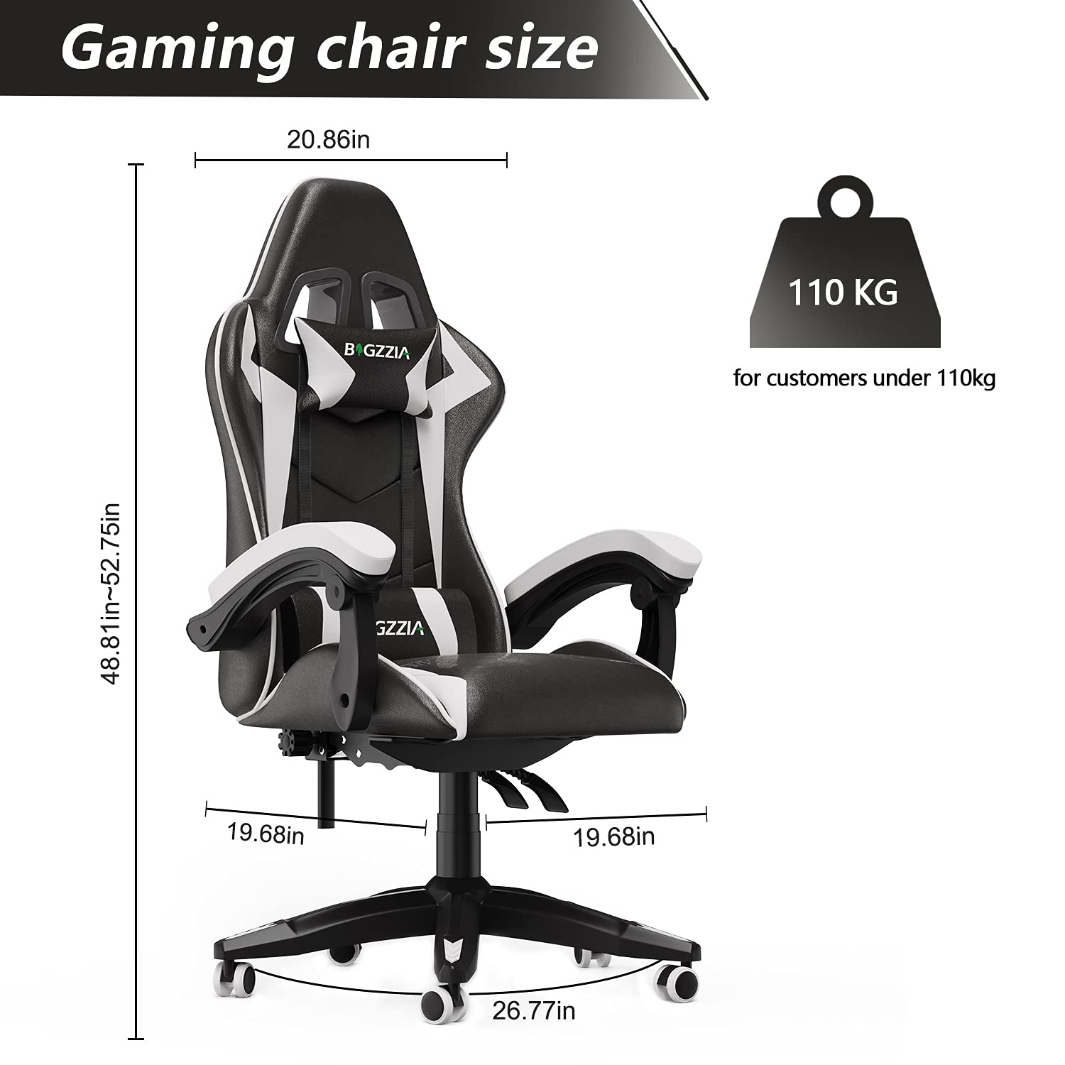 bigzzia Silla Gaming,Silla Ergonómica de Oficina en Cuero PU,Regulable en Altura con Soporte Lumbar y Reposacabezas,Respaldo Reclinable 155°,Silla Gamer Adulto Niño (Blanco)