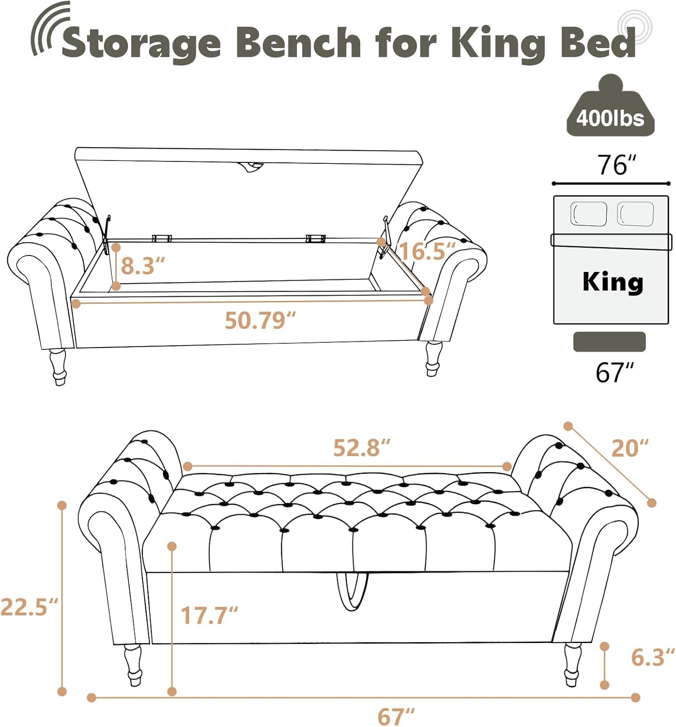 67'' End of Bed Bench King Size, Storage Bench for Bedroom End of Bed, Upholstered Tufted Storage Ottoman Benches with Arms for Living Room, Entryway, Windows, Velvet Dark Grey