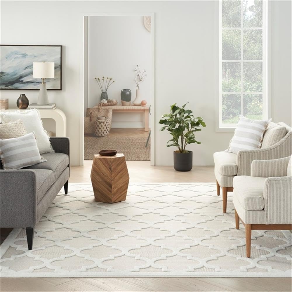 Pemberly Row Easy Care 9' x 12' Modern Area Rug, Ivory/White Flatweave Fabric, Moroccan Trellis Design, Oeko-TEX Certified, Durable Low-Shed Construction, Indoor/Outdoor Use for Porch, Patio, or