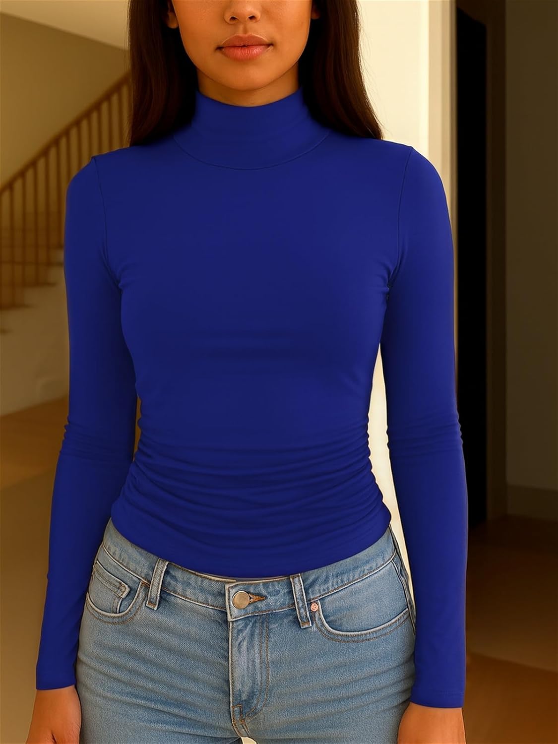 ForeFair Women's Mock Turtleneck Long Sleeve Going Out Tops Ruched Double Lined Tight Basic Tee Shirts - Image 5