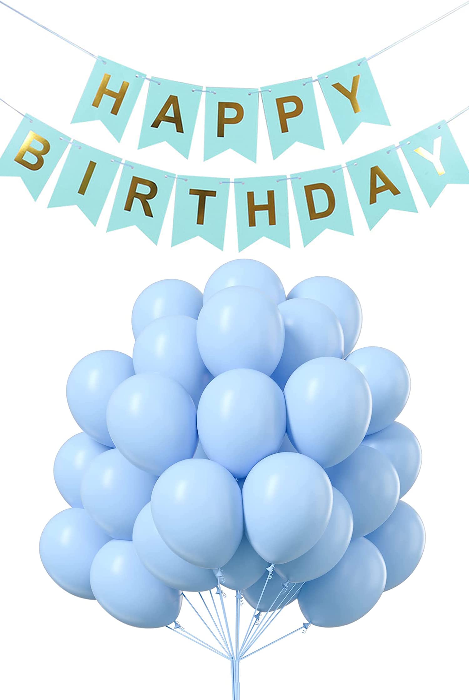 atorakushon Sky Blue and Golden Happy Birthday Paper Banner With 100Pc Sky Pastel Latex Balloons Decoration For Boys Girls Boyfriend Girlfriend Cuple Kids Birthday Celebrations Decorative Items Décor