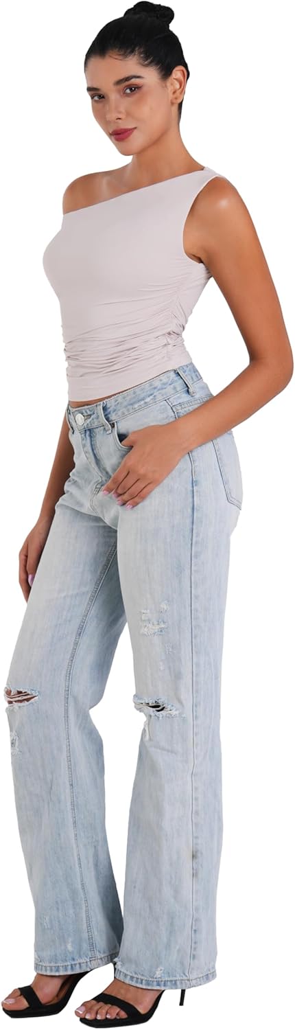 Sunzel Women's Off Shoulder Sleeveless Crop Top, Y2K Trendy Going Out Tank Shirt, Asymmetrical Neckline & Ruched Detail - Image 6