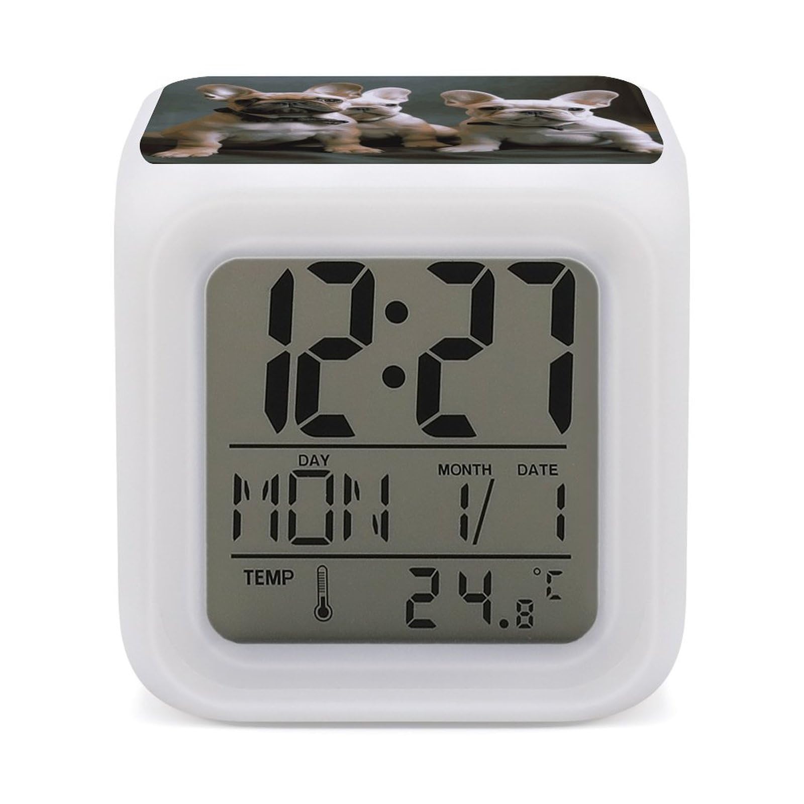 JTREHY French Bulldog Puppies Alarm Clock Digital Dimmable Clock for Bedroom LED Display Screen Mini Clocks 7 Color Dimmable Night Lights Time-to-Rise Alarm Clocks for Office Living Room