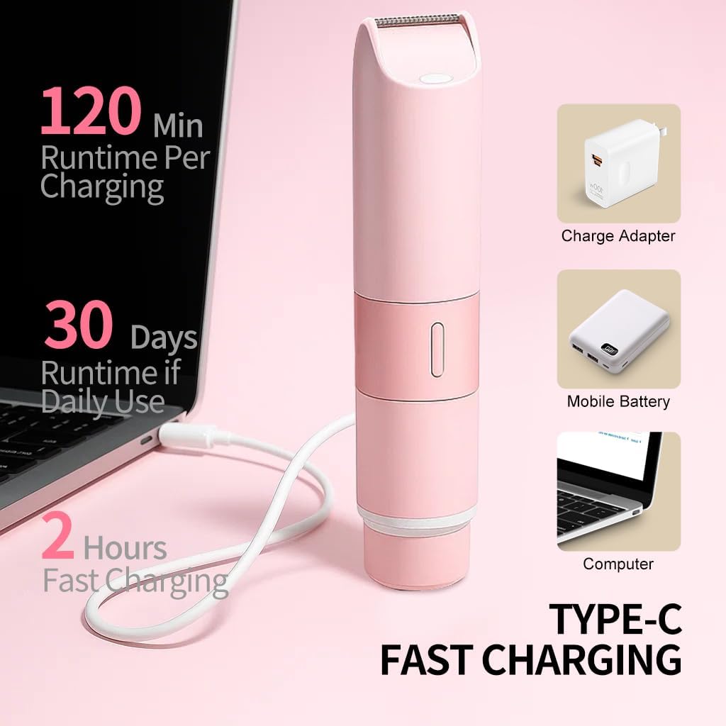 Bikini Trimmer for Women - 2 in 1 Painless Electric Razors for Women, IPX7 Waterproof Rechargeable LED Dual Head Electric Shaver for Lady Bikini Underarm, Body, Leg, Face Hair Remove (Light Pink)