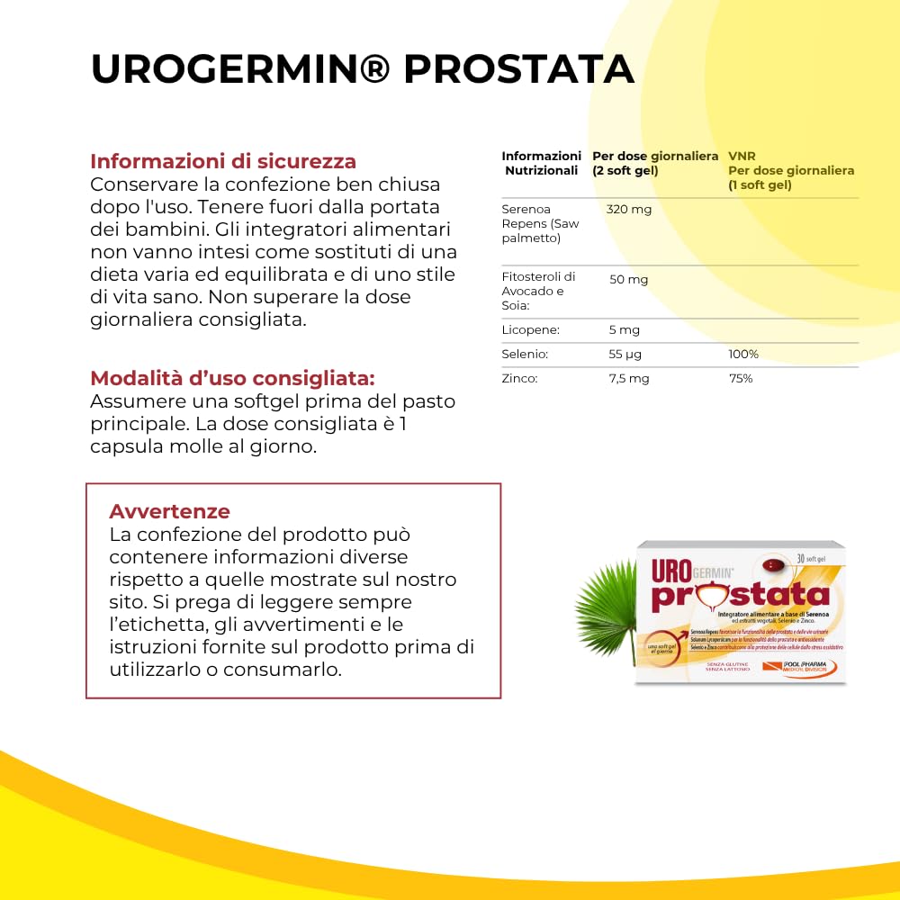 Urogermin Prostata, 30 Capsule Molli - Integratore prostata con Serenoa repens 320 mg/dose (saw palmetto), Licopene, Selenio, Zinco e Fitosteroli da Avocado e Soia, benessere vie urinarie uomo