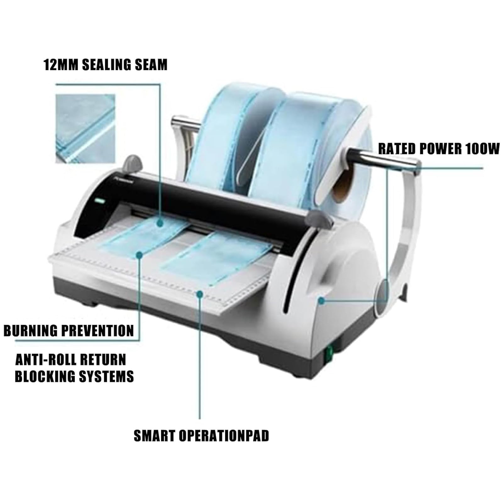 Máquina selladora de Bolsas dentales, selladora automática de envases dentales 100 W, Ancho de Sellado 300 mm y Ancho de sangría 12 mm, para odontología, clínicas y hospitales.