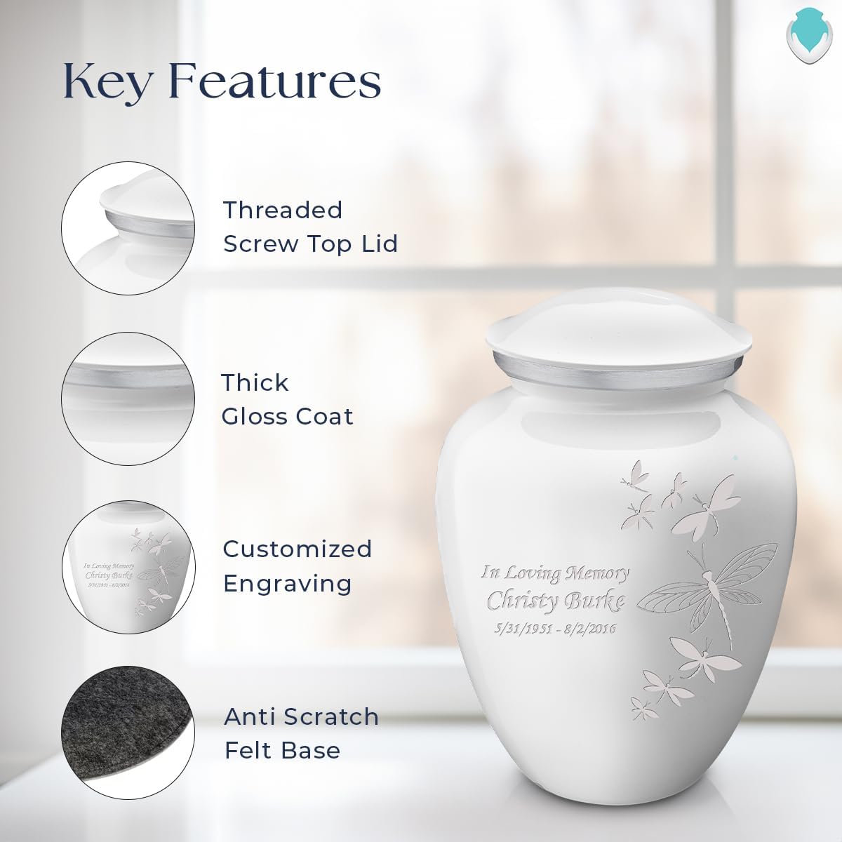 Geturns - Adult Personalized Dragonfly Cremation Urns for Human Ashes I Large White Funeral Urn for Men and Women I 200 lbs