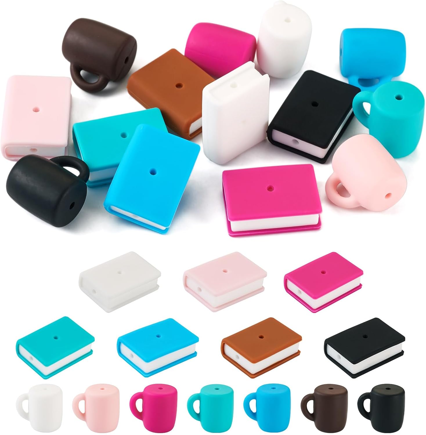 Beadthoven 14pcs Book Silicone Focal Beads for Pens 3D Coffee Cup Silicone Beads for Keychain Making Assorted Rubber Beads Spacers Cute Silicone Teacher Charms for Jewelry Making DIY Crafts Graduation