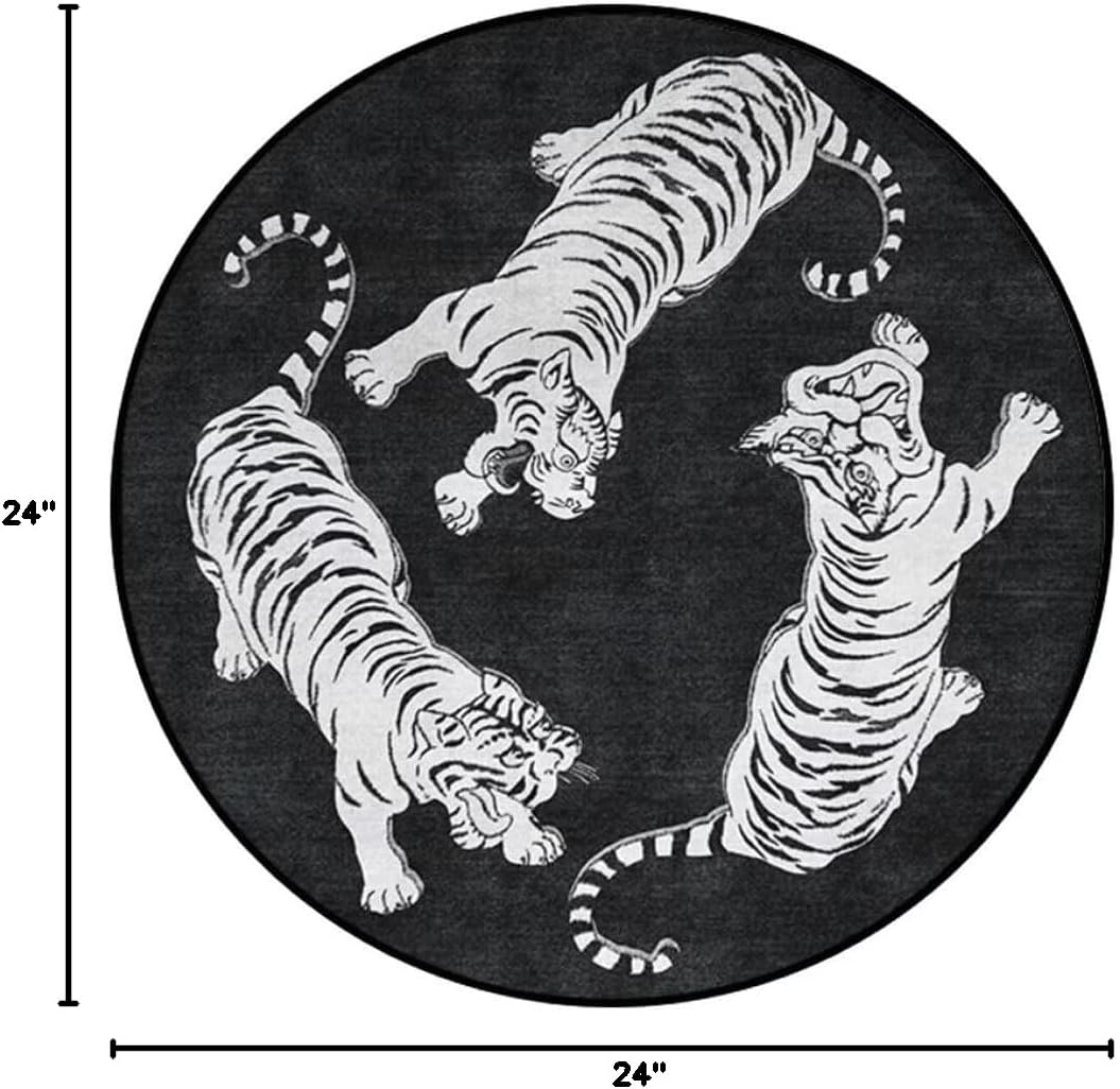 Black White Tiger Print Round Area Rug 2ft Small Circle Animal Tiger Throw Rugs for Bedroom Bathroom Washable Non-Slip Welcome Floor Mats Doormat