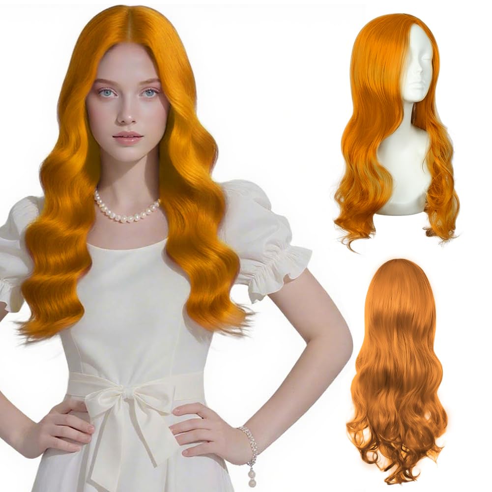 AUYAO Long Wave Wig for Women Synthetic Fiber Long Wavy Hair Wig Middle Part with No Bangs Curly Hair Wigs Fancy Dress Synthetic Hair for Party Costume Anime Halloween Christmas Carnival(Orange)