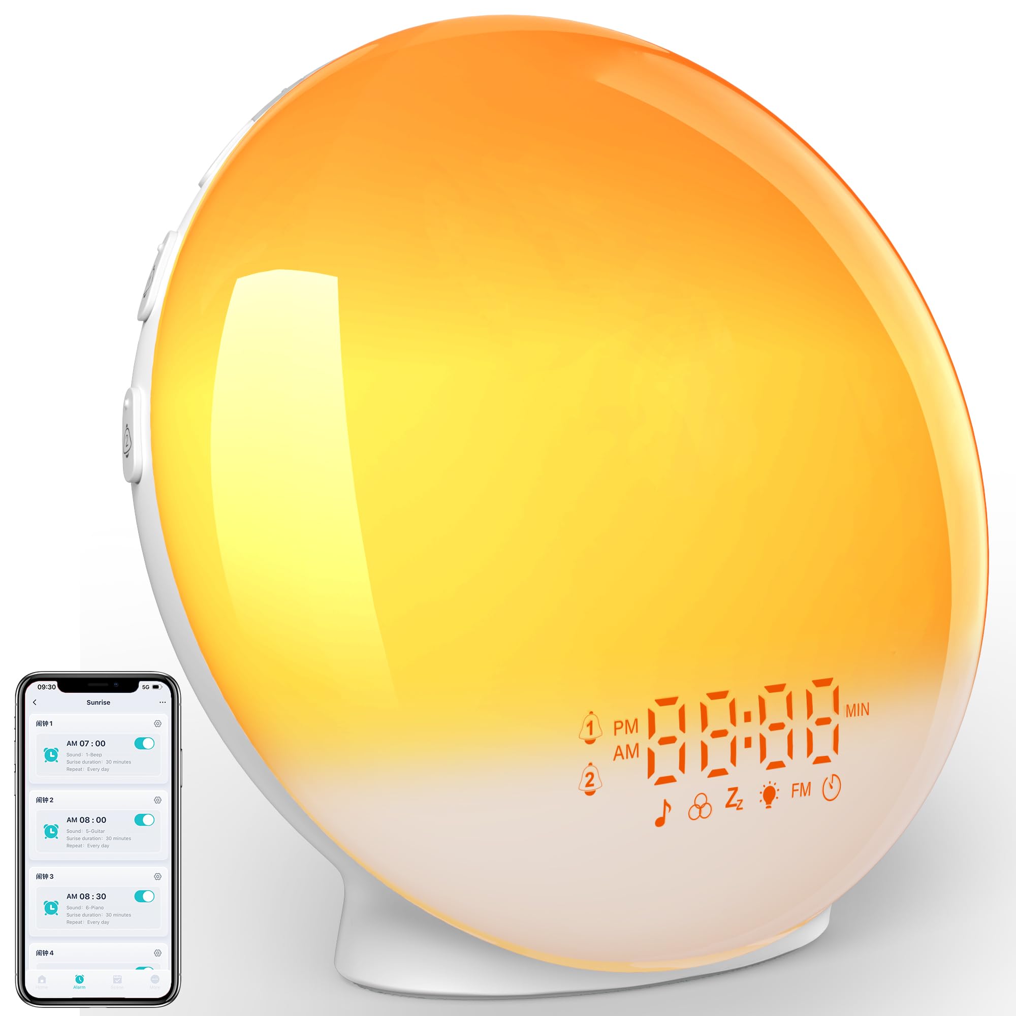Reloj despertador de amanecer, luz de despertar con simulación de amanecer/atardecer, control de aplicación, 4 alarmas, calibración automática de tiempo, función de repetición, radio FM, 7 sonidos