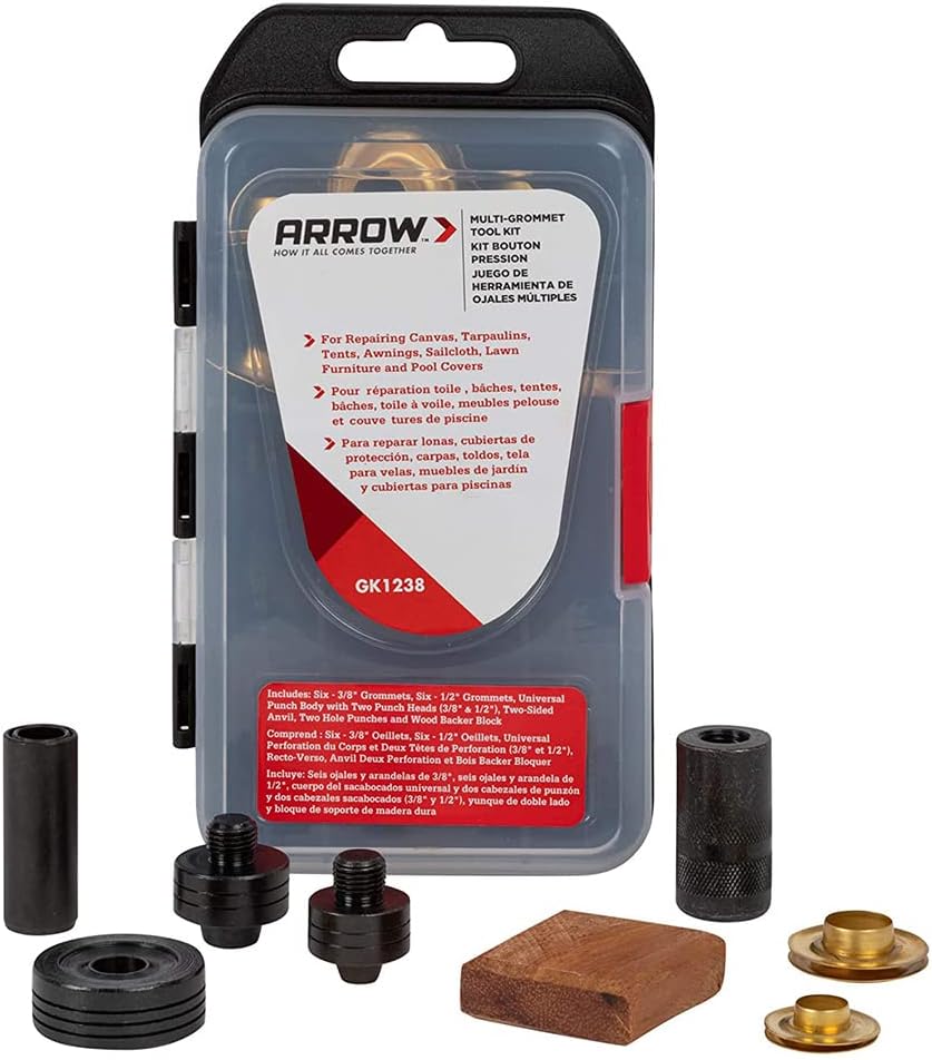 Arrow GK1238 Grommet Tool Kit, Includes 3/8" and 1/2" Grommets for Canvas, Sailcloth, Pool Covers, and More