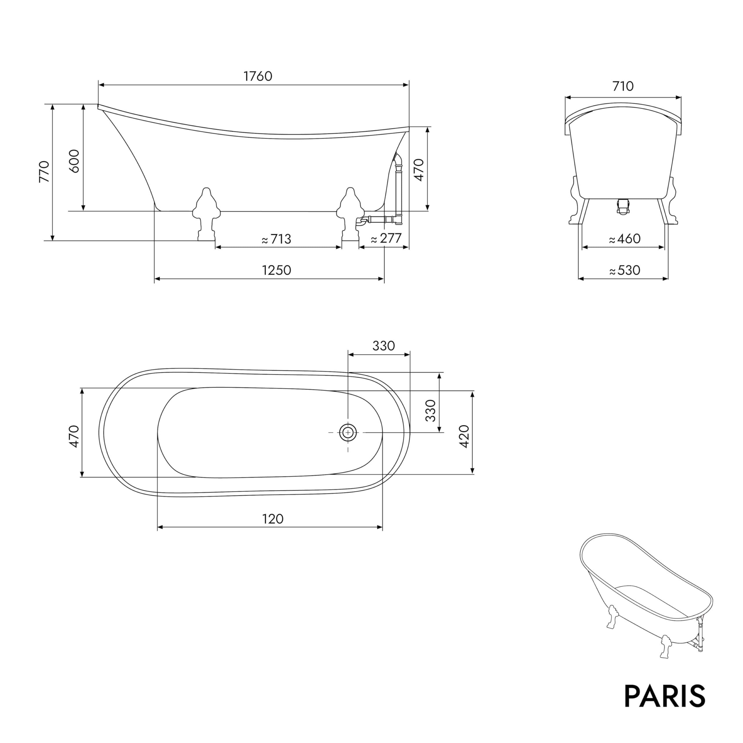 BERNSTEIN - Baignoire îlot Acrylique Sabot ovale design Blanc brillant sur pieds couleur Blanc, robinet sur pieds Chrome + Bonde, trop plein, 200L - 176x71x77cm (lxLxH) - PARIS