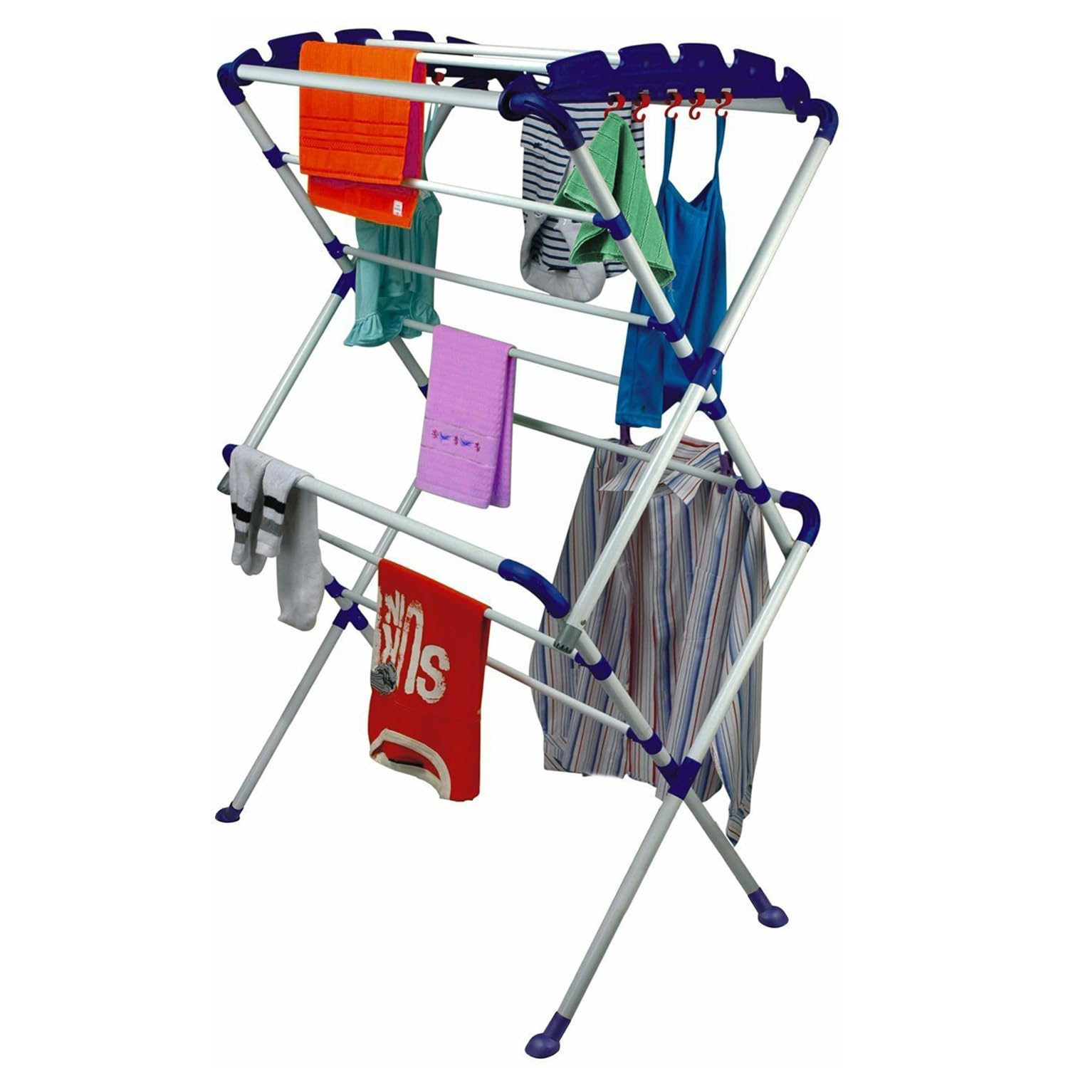 Zureni Cloth Drying Stand Heavy Duty Foldable & Portable Dryer 2 Layer Rack with Double Pole 13 Rod and 10 Hanger for Balcony Laundry Hang (Pack of 1, Alloy Steel, White and Blue) (B0D1MKB5H1) Amazon Price History, Amazon Price Tracker