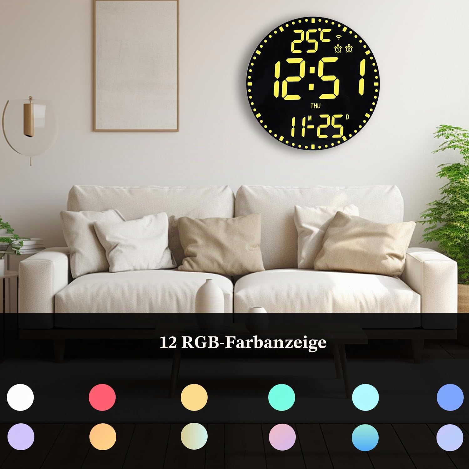 HZDHCLH Digitale Wanduhr 30 cm LED Wecker Bunt Datum Woche Temperatur Timer | Steuerung Per Mobiler App über WLAN-Verbindung Für Zuhause Schule Büro