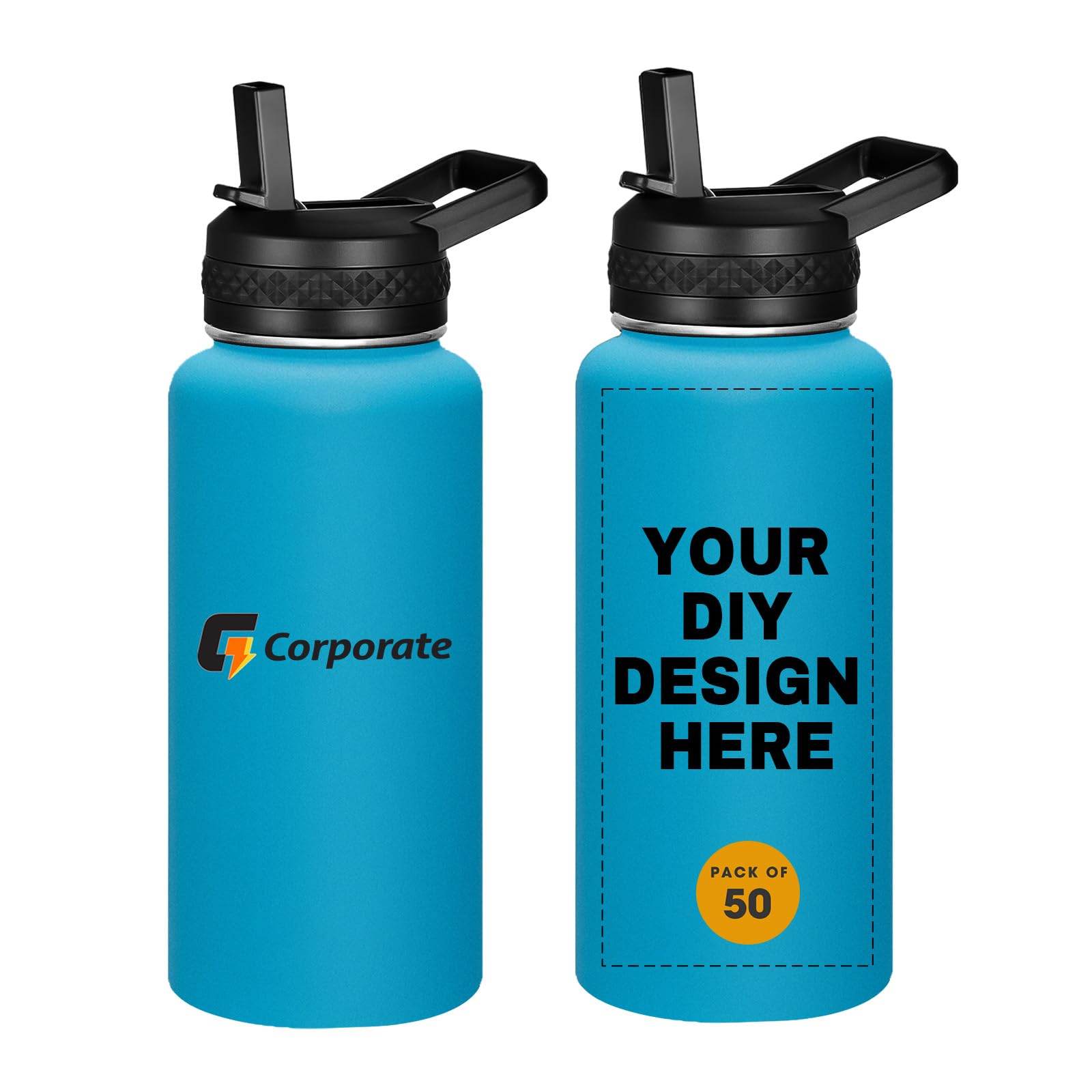 SMLIXE Personalized Custom Water Bottles with Text Logo Print in USA 32oz 50 Pcs Double Wall Stainless Steel Leakproof Wide Mouth Cups with Flip Straw