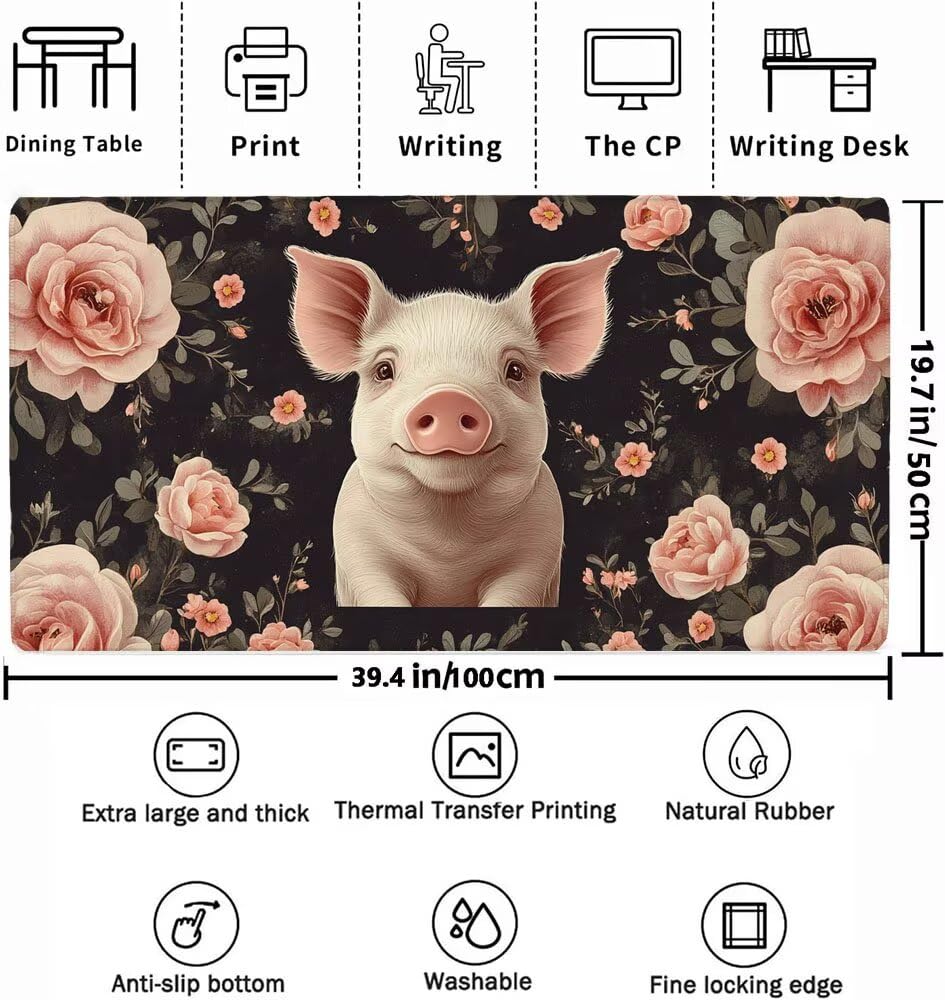 Podkładka pod mysz dla graczy świni, podkładka pod mysz XXL 1000 x 500 x 3 mm, mata na biurko w kwiaty ze zszytymi krawędziami i gumową podstawą, wodoodporna podkładka pod mysz nadaje się do biura