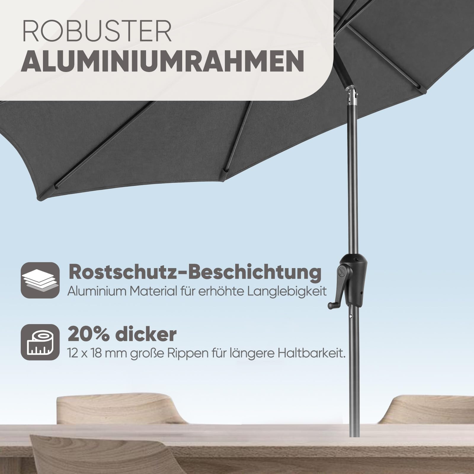 Sekey Sonnenschirm 300 cm mit Kurbel, Gartenschirm wasserabweisend, Balkonschirm UV-Schutz bis UPF 50+, Terrassenschirm neigbar & 8 Streben für Garten, Balkon & Terrasse, Grau