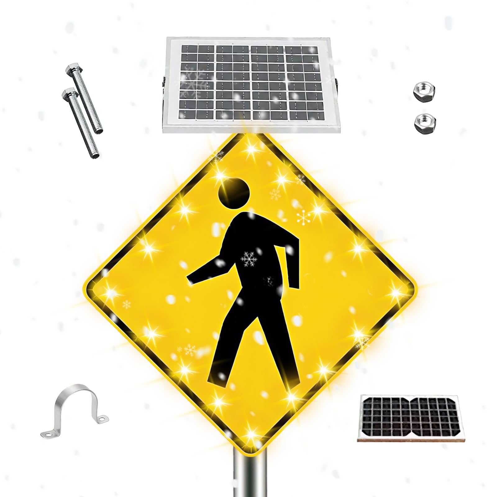 ZHENYUWANG 24-inch solar-powered LED flashing pedestrian crossing sign, pedestrian road traffic warning sign, including installation accessories and rust-proof metal frame 24in