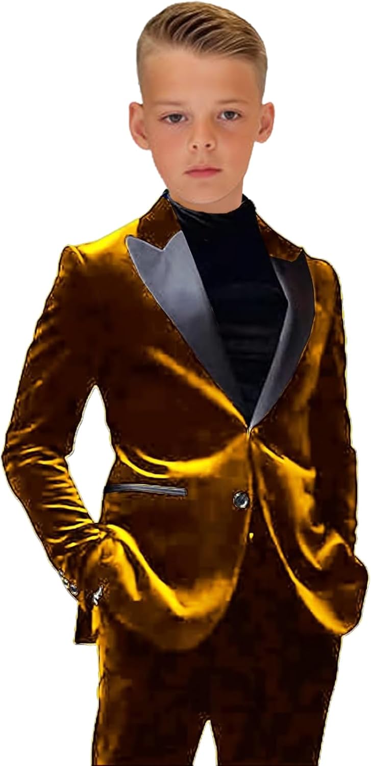 Boys Tuxedo Suits Peaked Lapel Velvet Blazer Jacket Kid Tuxedo Slim Fit Two Pieces Suits Set for Dinner Prom Party