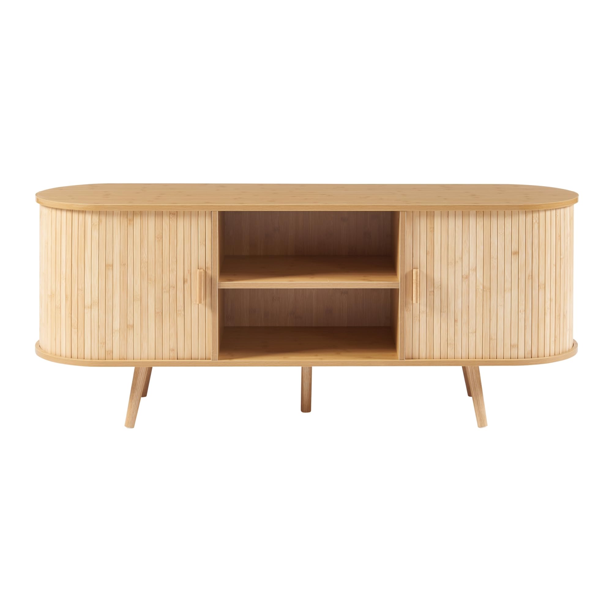 [en.casa] Aparador con Puertas Nordkapp Correderas Mueble de TV en Forma Ovalada Armario Multiusos 2-2 Compartimentos Cerrados y 2 Compartimentos Abiertos Bambú Madera 140x40x56 cm - Natural