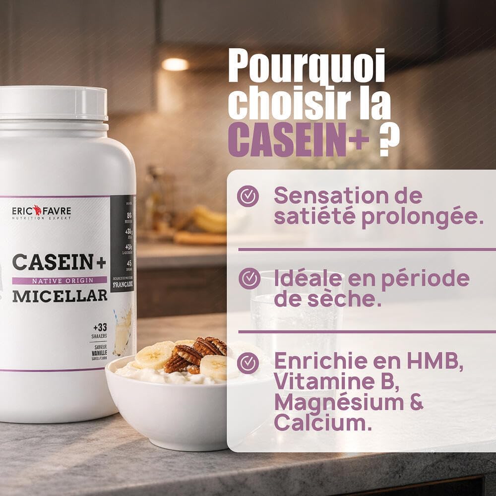 CASEIN+ NATIVE ORIGINE - Caséine Micellaire Enrichie en HMB, Vitamine B6, Magnésium - Construction Musculaire - 1kg - Saveur Chocolat - Eric Favre