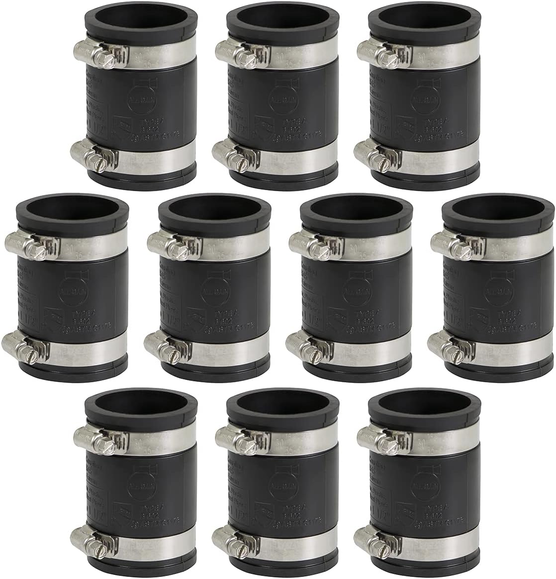 Supply Giant 6I46x10 Flexible PVC Coupling with Stainless Steel clamps 1-1/2'', Black (pack of 10)