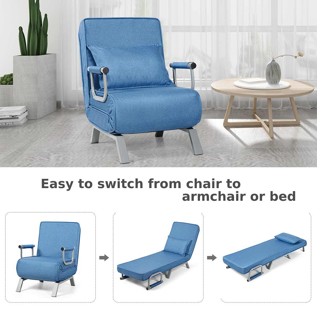 CASART Folding Sofa Bed, 3 in 1 Convertible Recliner Chair with Pillow