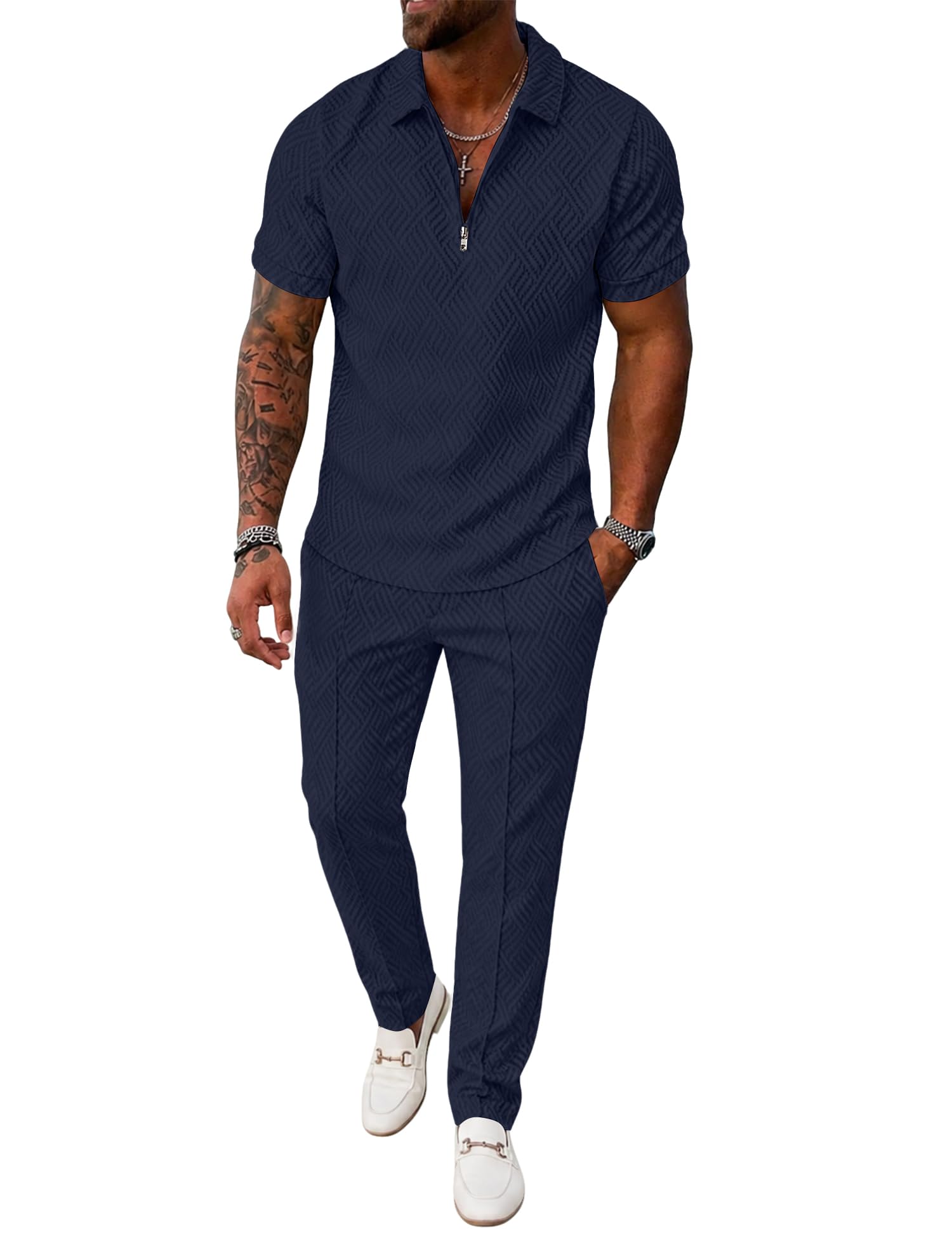 UOUA Mens 2 Piece Outfits 1/4 Zip Polo Casual Pants Summer Set Tracksuit