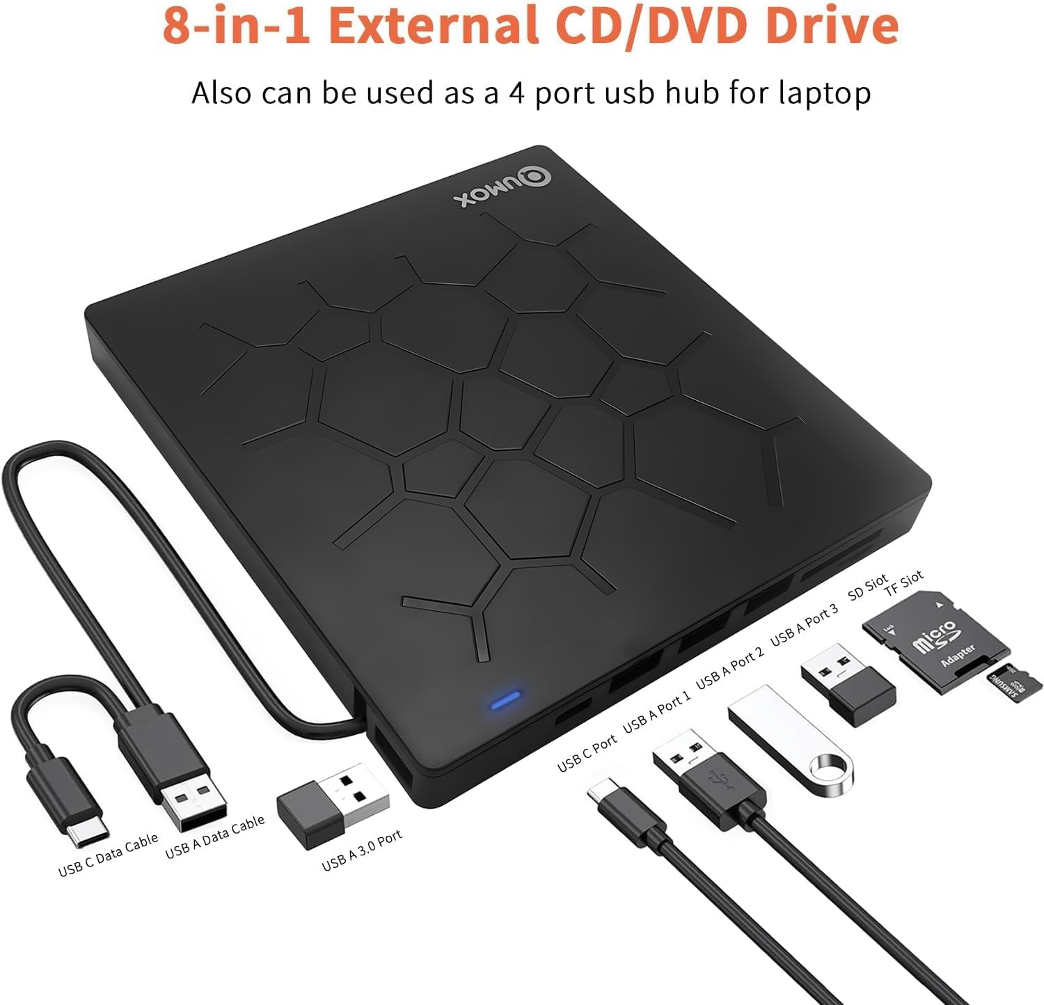 QUMOX Masterizzatore Esterno DVD/CD USB 3.0, Lettore CD/DVD con 4 Porte USB e Lettore Schede TF/SD, Compatibile con Windows/Mac/Linux