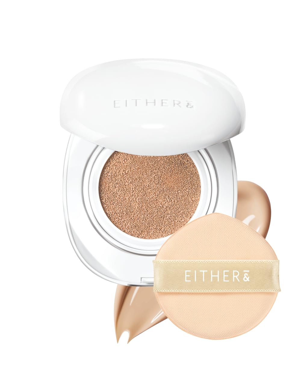 EITHER Glow Pixel Cushion Foundation Skincare Formula Dewy Glass Skin Lightweight Long-Lasting 100H Wear Buildable Hydrating Korean Cushion