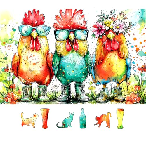 Image of Colorful Roosters 500 Piece Puzzles for Adults Watercolor Farm Animal Jigsaw Puzzles Fun Roosters Wearing Sunglasses Puzzle with Letters on Back Challenging Family Seniors Puzzle (23 inchX15 inch)