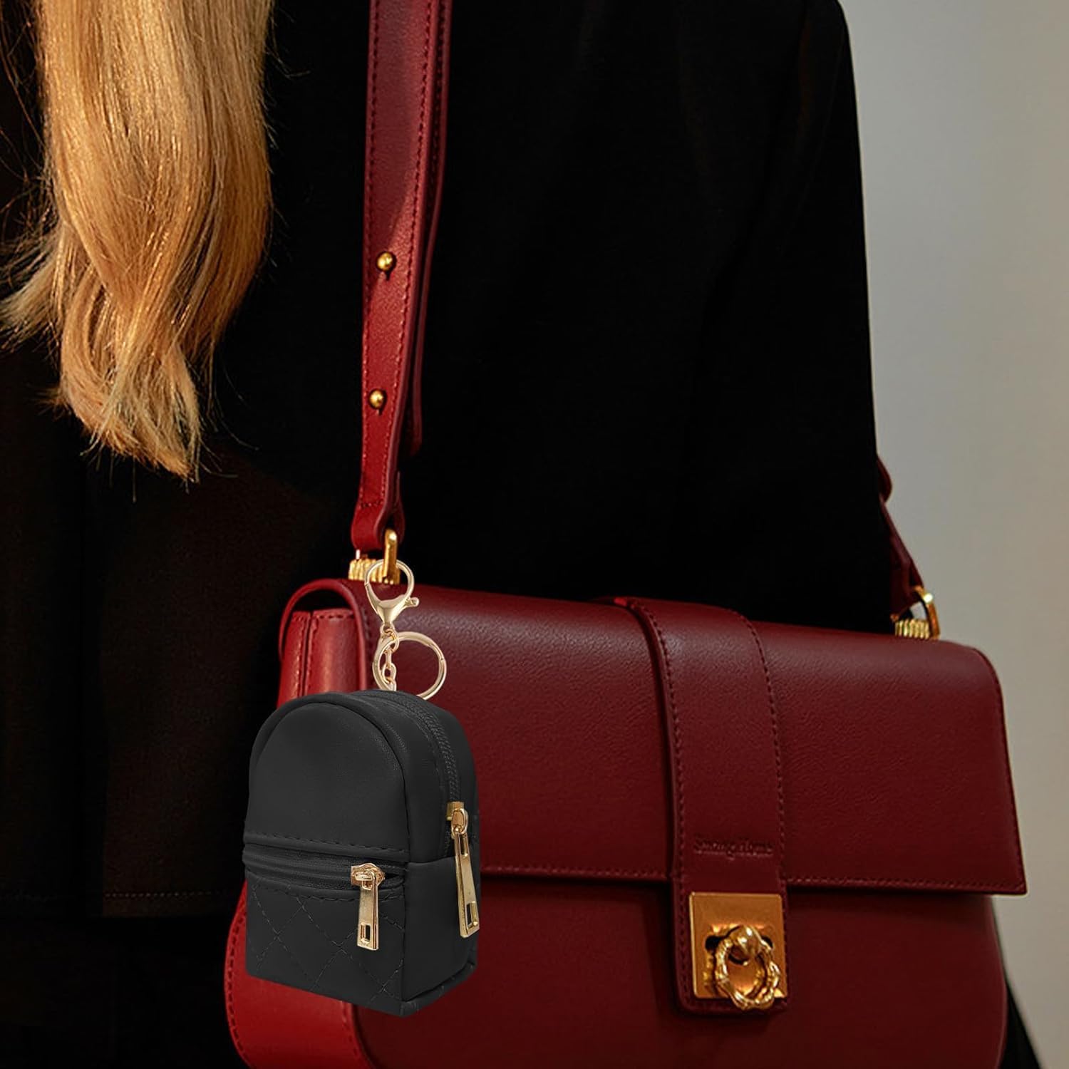 ONRAGT Mini Pochette avec Porte-Clés, 3 Pièces Beau Mini Porte Monnaie Femme Cuir PU Mini Sac a Dos Noir Gris Clair Rose Peut Accueillir des Pièces de Monnaie, Rouge à Lèvres, Clés, Câbles de Données
