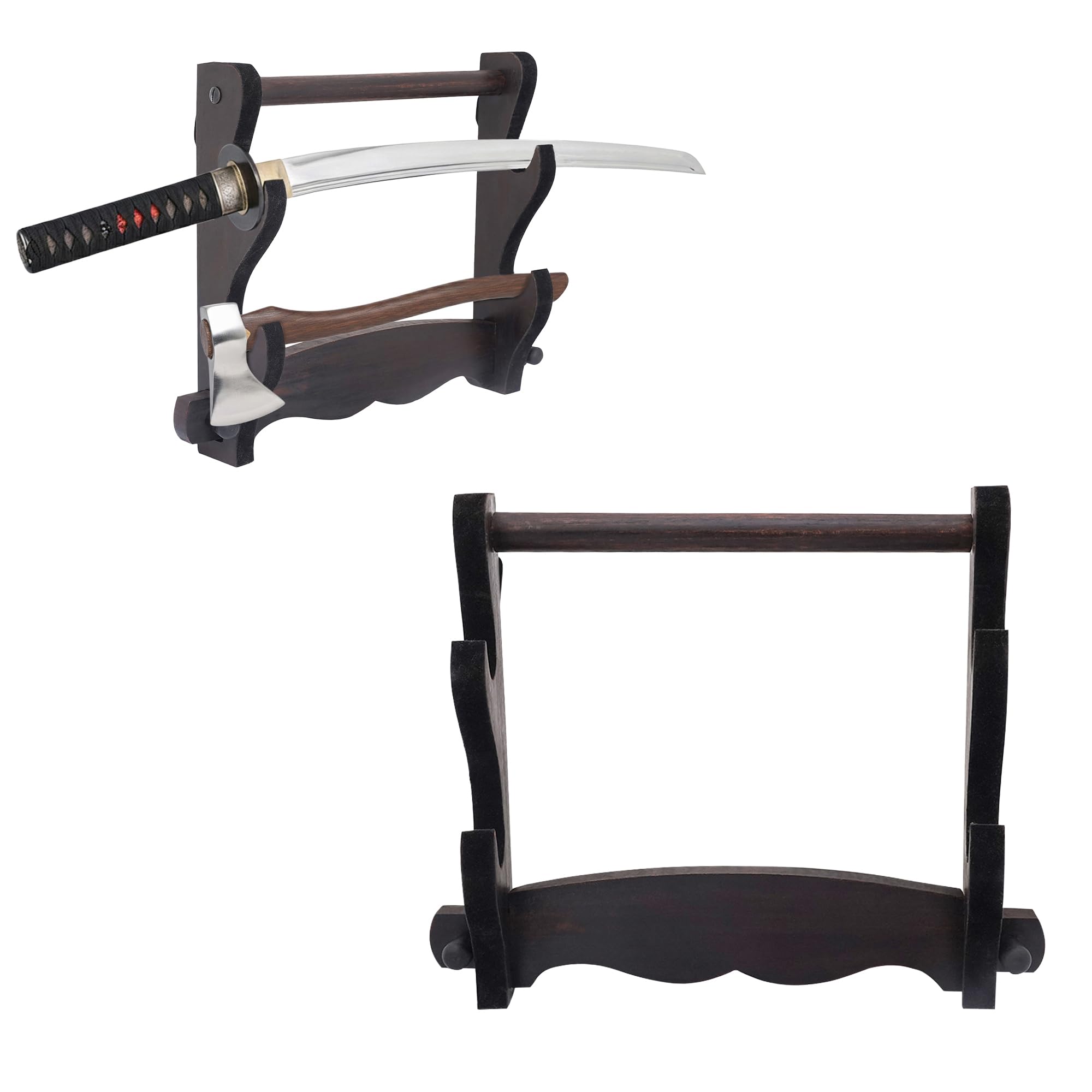 Lord of Battles Medieval Solid Wood Single Tier Sword Display Stand / Sword Holder / Gladiator Sword Display / Katana Sword Holder | Handcrafted from Genuine Teak Wood (Two-Tier Wall)