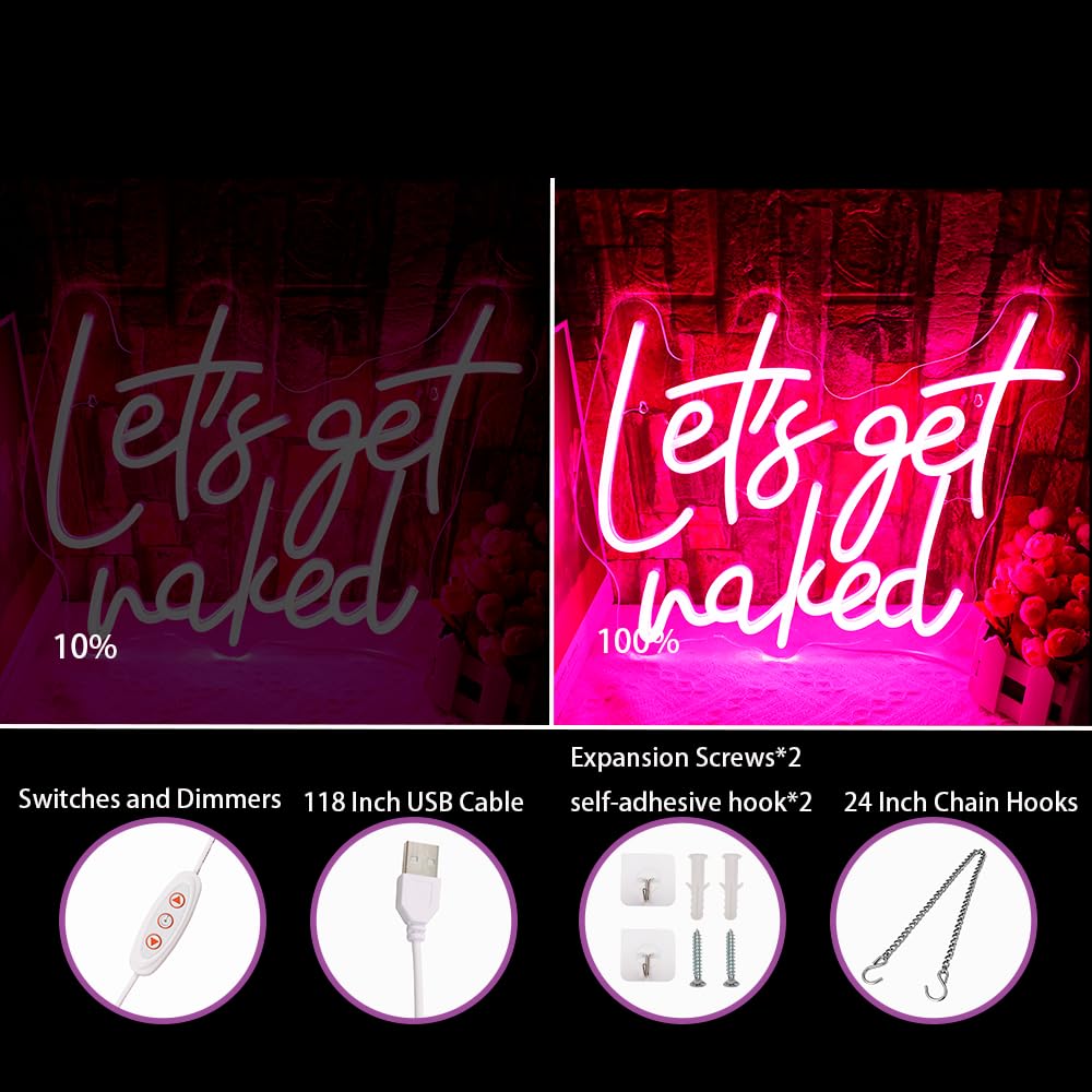 Let's Get Naked neonowy znak do dekoracji ściennej, zasilany przez USB, możliwość ściemniania, różowa litera LED, świecące znaki do sypialni, dla mężczyzn, jaskini, domu, baru, salonu, na ślub
