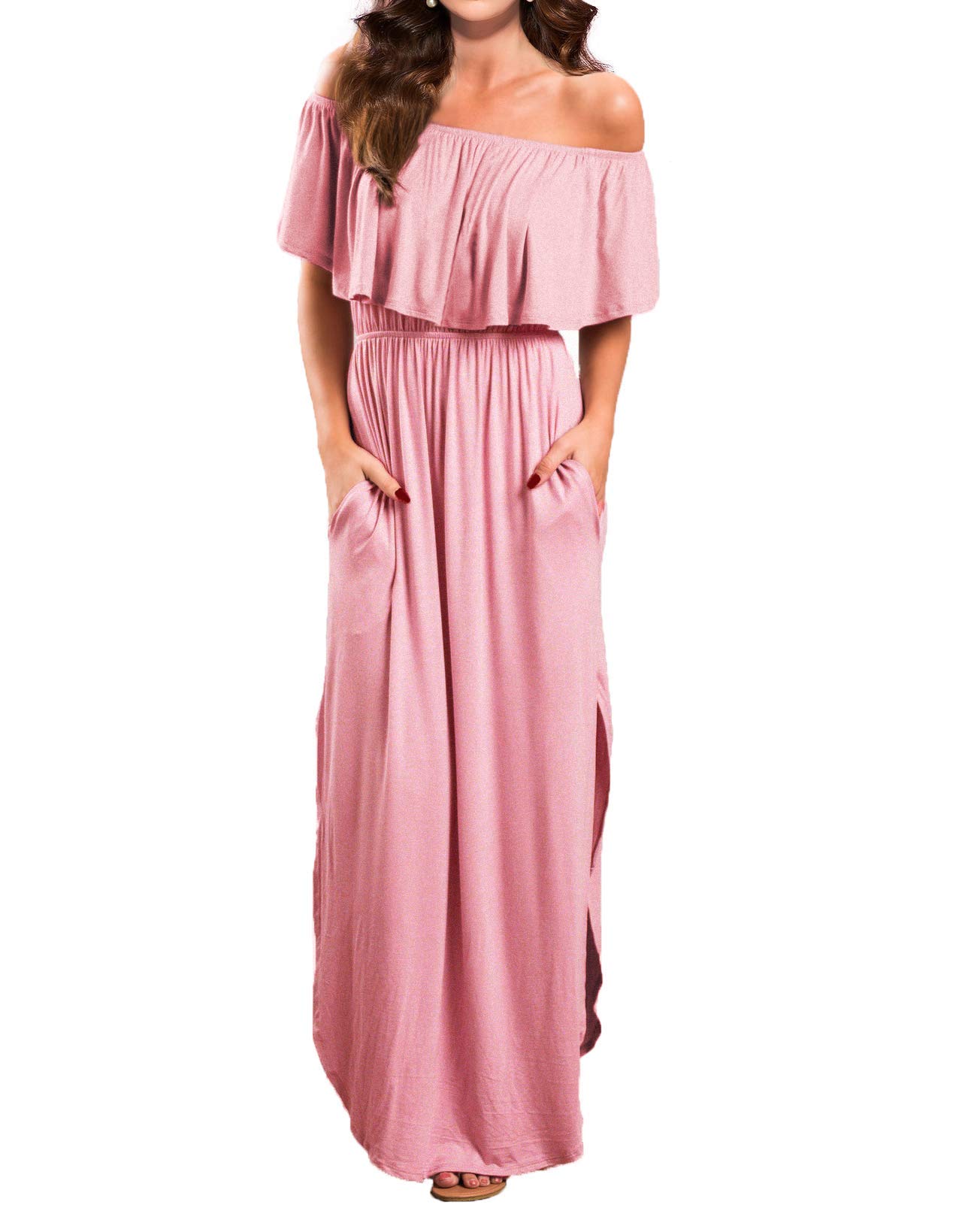Women Long Maxi Dress Off Shoulder Ruffle Side Split Maxi Dresses Boho Long Swing A Line Plain Pleated Dress for Beach Cocktail Party Wedding Simple Style Strapless Sundress Kaftan Tunic Plus Size