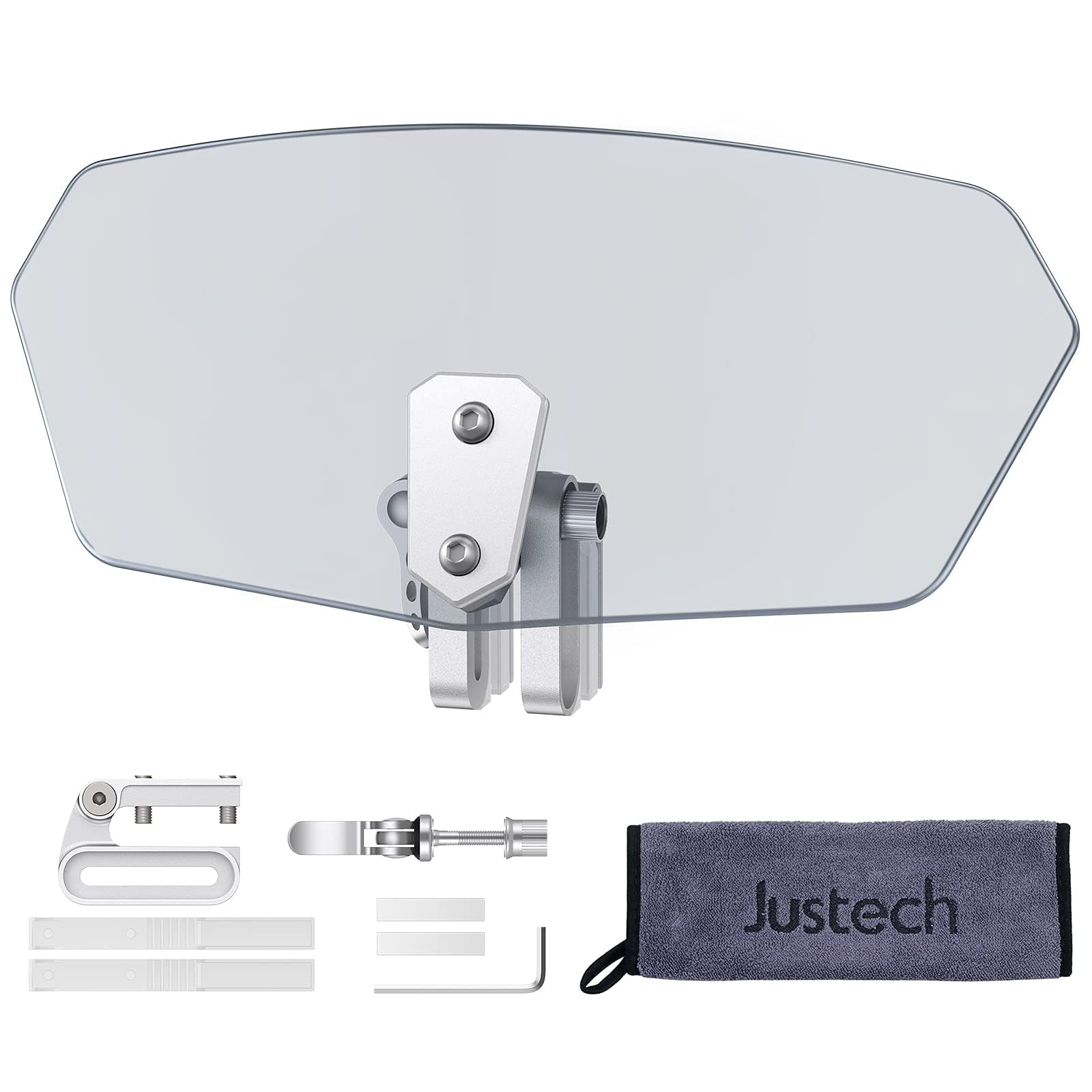 Justech Universal Motorcycle Windshield, Motorbike Windscreen Adjustable Clip On Windshield Extension Spoiler Wind Air Deflector Universal Fit for Motorcycles, Scooters-Smoke, Silver Bracket