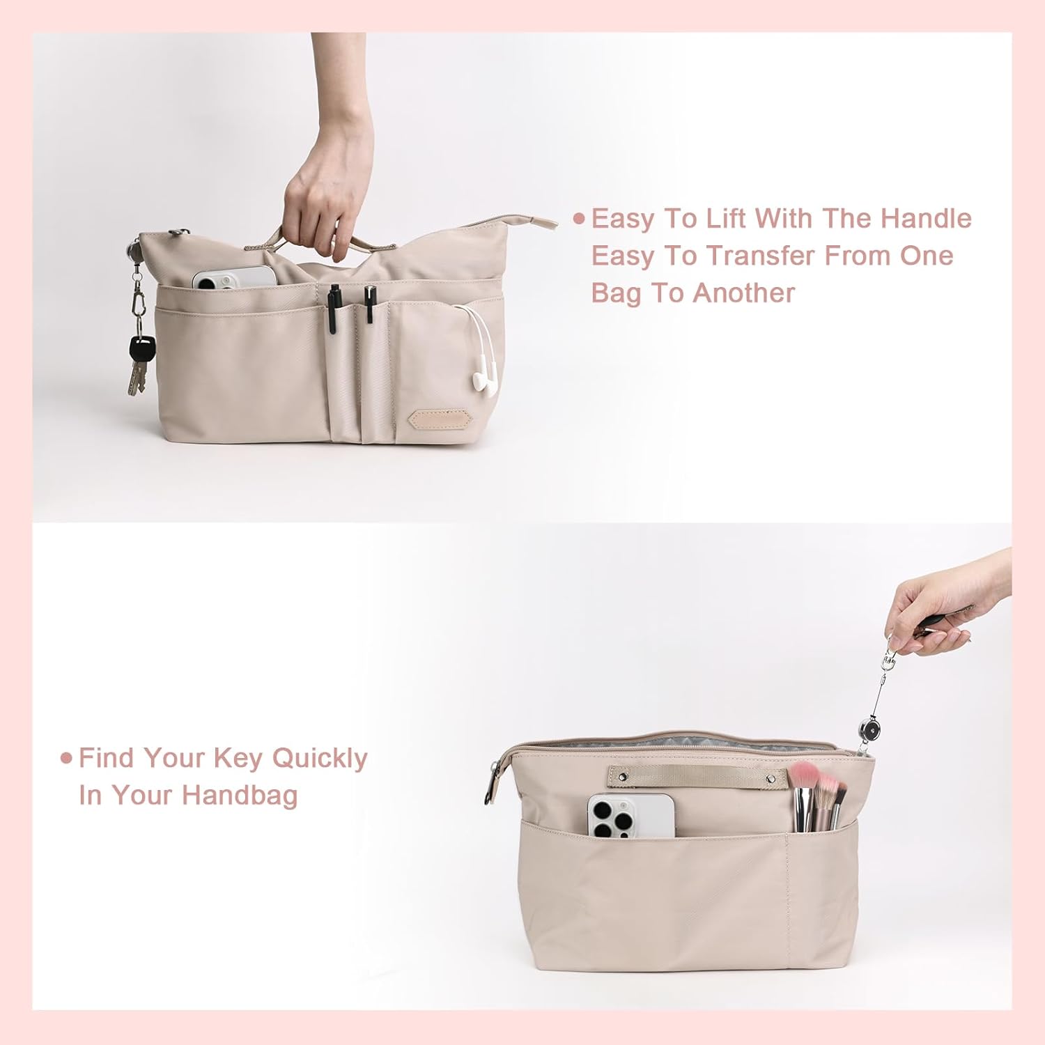 Purse Organizer Insert for Longchamp Le Pliage Large, Tote Bag Dividers for Inside Purse with Zipper and 15 Pockets, Purse Liners for Women Handbag, and More (Beige, L) - Image 5