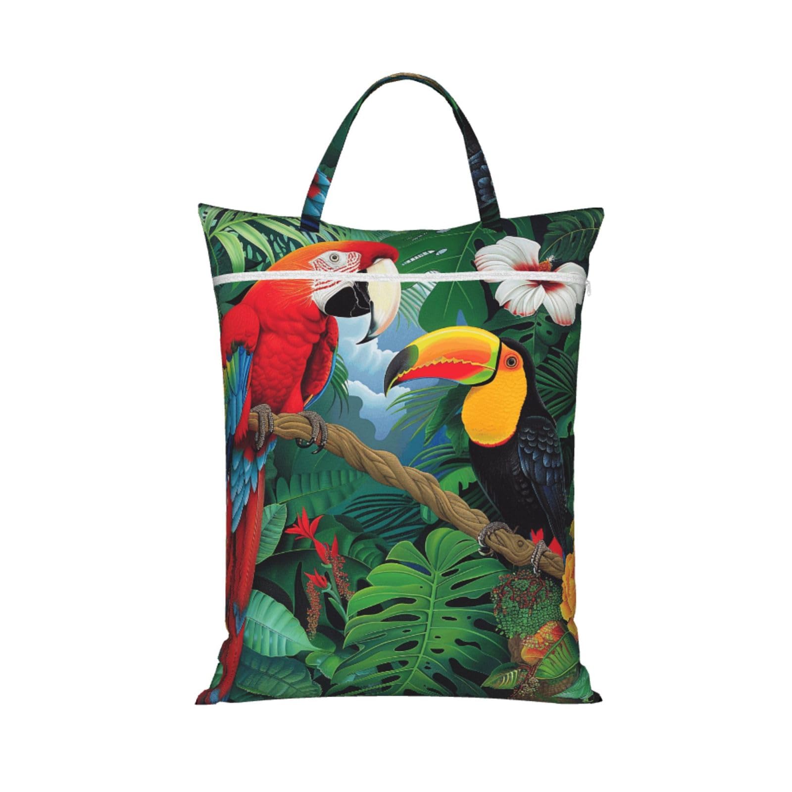 Large Travel Laundry Bags,Macaw and Toucan Perching of American Rainforests Print with Handle Foldable Laundry Bag for Holidays Gym Swimming and Family Trips, 1Pcs