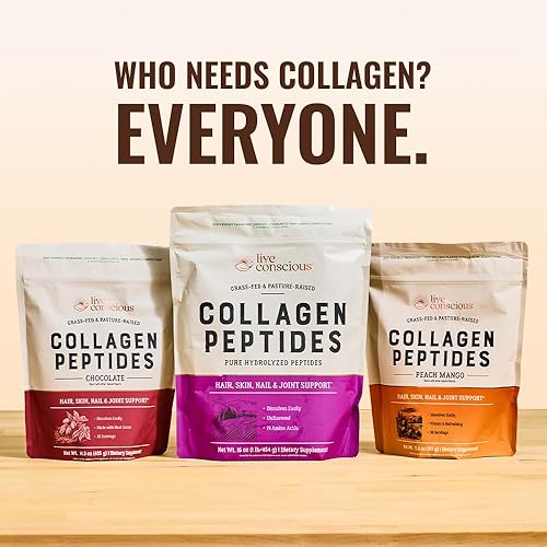 Miniatura 4 de Live Conscious Paquete de sabor a péptidos de colágeno, sin sabor, chocolate, melocotón y mango, colágeno en polvo, soporte para el cabello, la