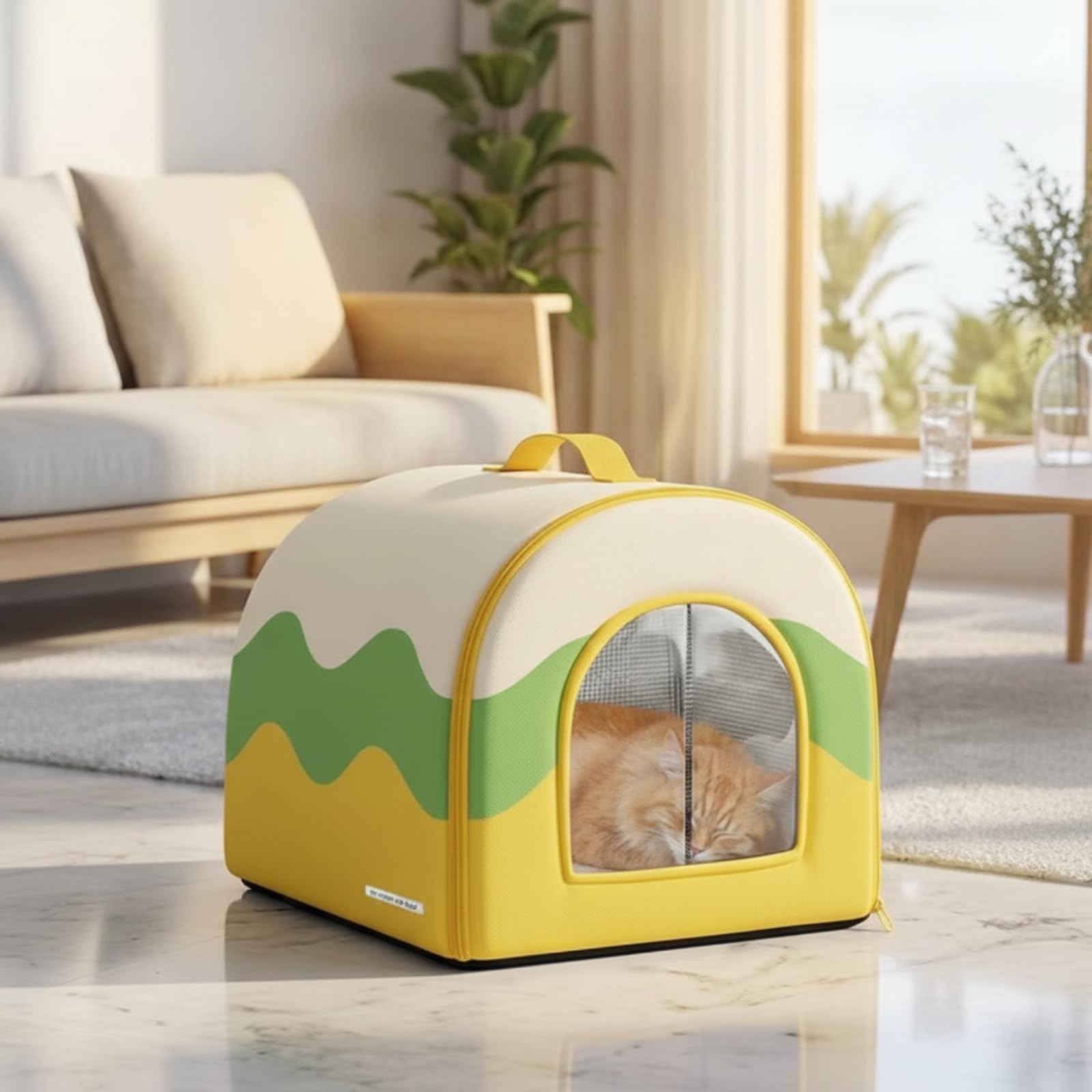 Niche D'intérieur Confortable Niche Souple Confortable Maison avec Poignée pour Petits Chiens, Nouveaux Animaux Compagnie, Chambre, Marron Crème, M